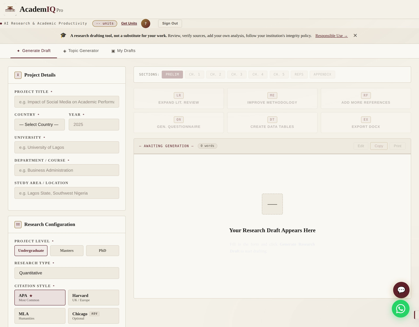 AcademIQ Pro — draft generation workspace