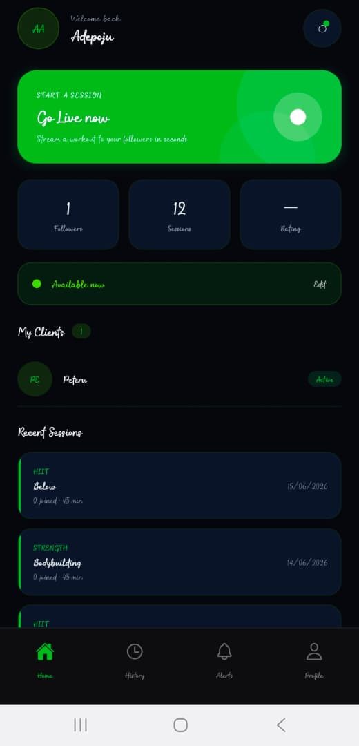 FitLive — mobile app home: Go Live, stats, clients and recent sessions