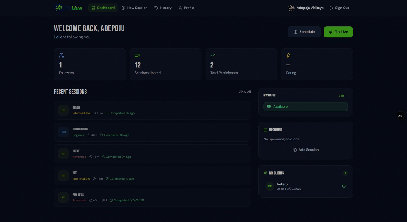 FitLive — trainer dashboard with live status, sessions and clients