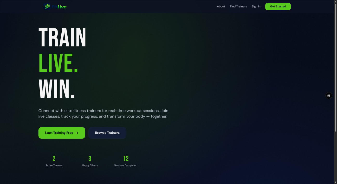 FitLive — homepage: Train. Live. Win. (live trainer & session counts)