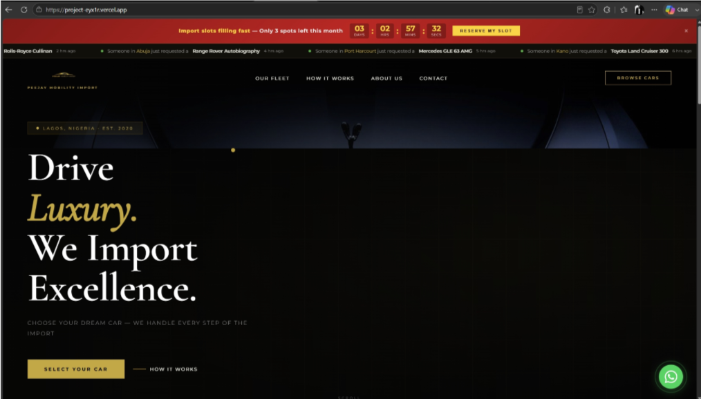 Peejay Mobility Import — public site hero and luxury fleet