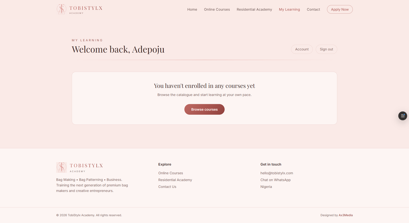 TobiStylx Academy — student My Learning dashboard